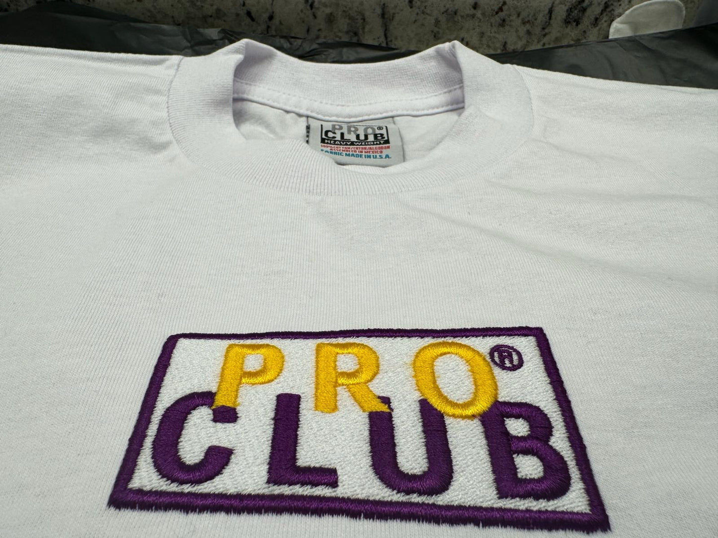 pro club embroidery heavyweight t shirt box logo yellow and purple