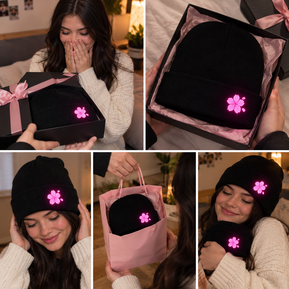 glow in the dark flower embroidered beanie