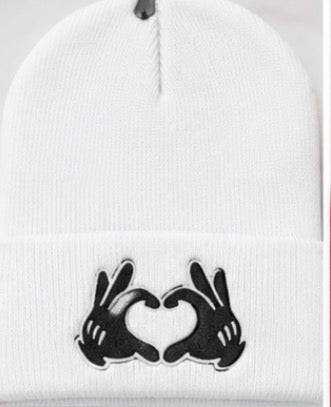 black beanie with heart hands embroidered design
