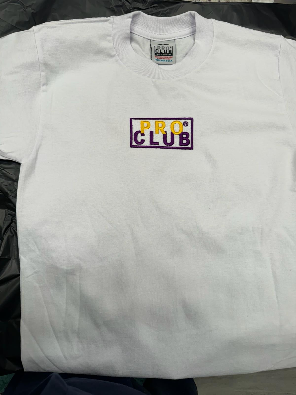 pro club embroidery heavyweight t shirt box logo yellow and purple