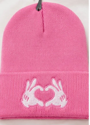 black beanie with heart hands embroidered design