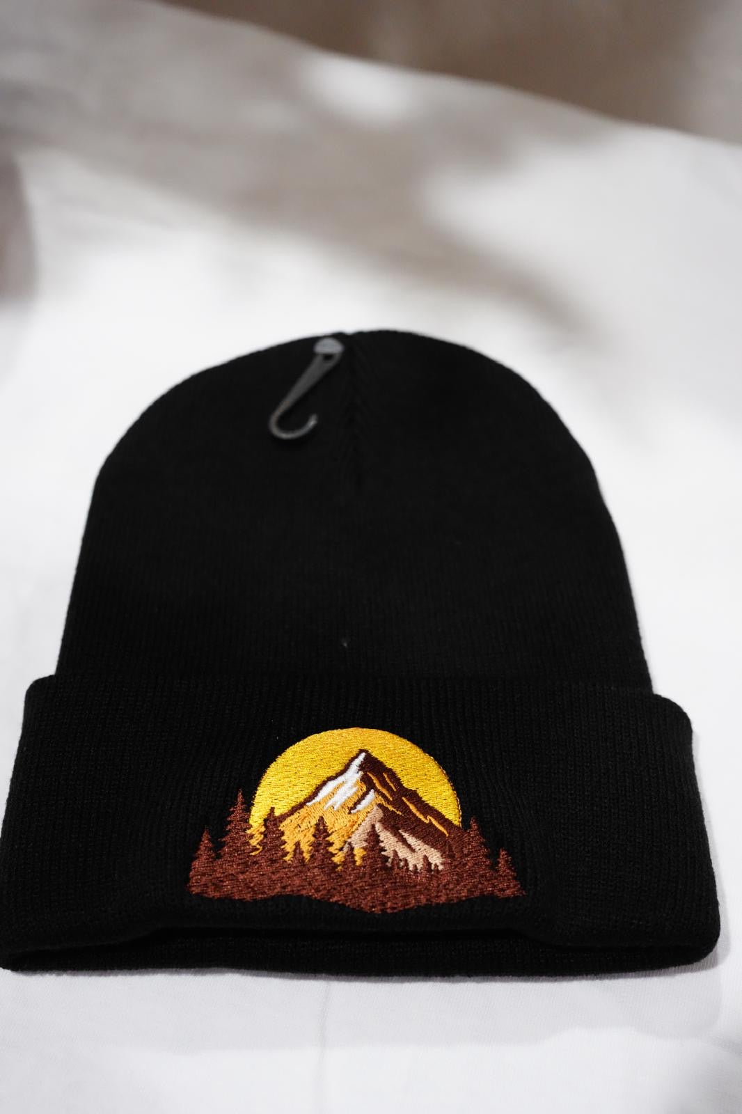 Black Mountain Embroidered Beanie – Cuffed Knit Winter Hat, Unisex Outdoor Hat