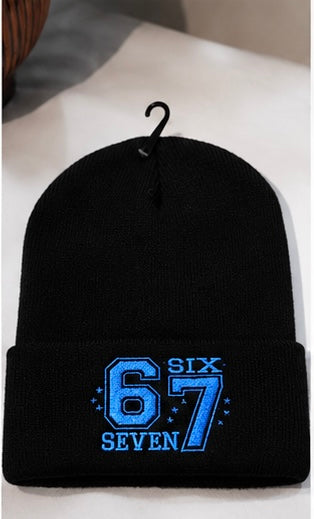 67 Beanie Hat Six Seven Embroidered Cuffed Knit Cap | Funny Gen Alpha Slang Viral Meme Winter Skull Cap Streetwear Unisex