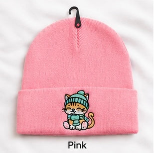 Cute Cat Embroidered Beanie, Black knit winter hat, unisex cuffed beanie