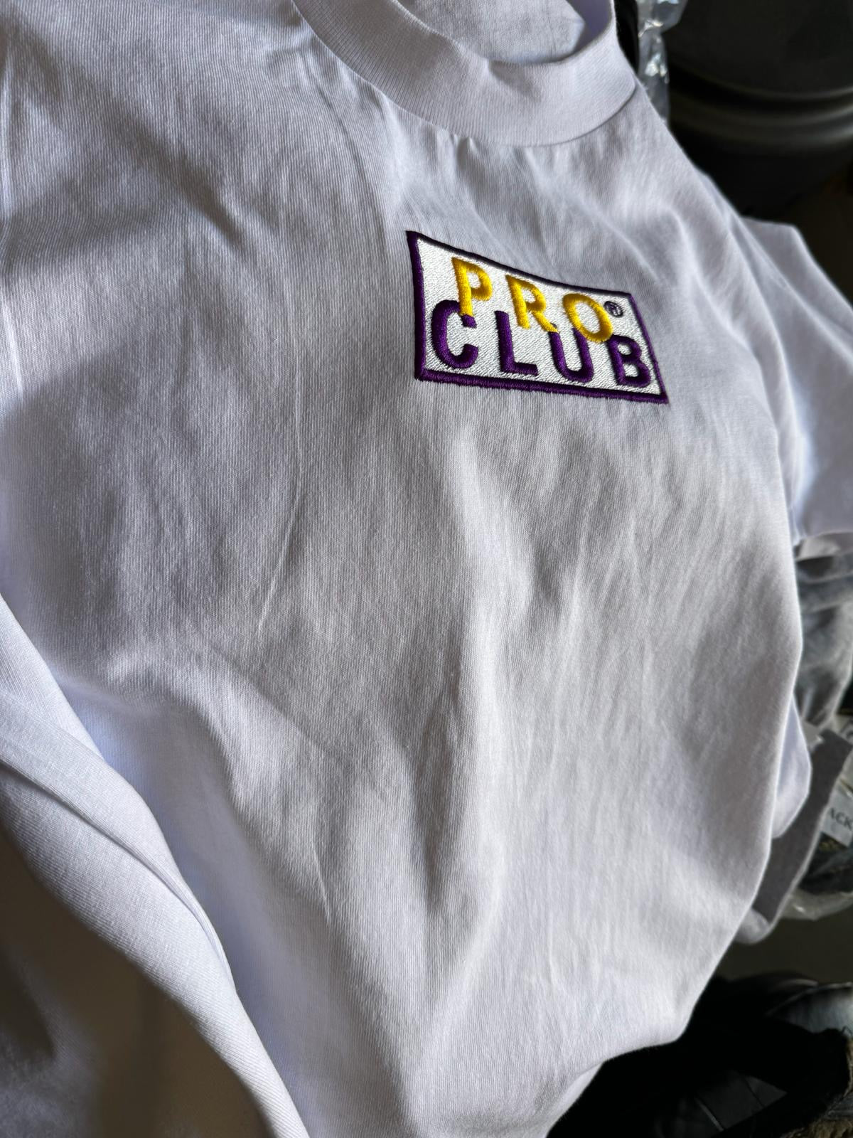 pro club embroidery heavyweight t shirt box logo yellow and purple