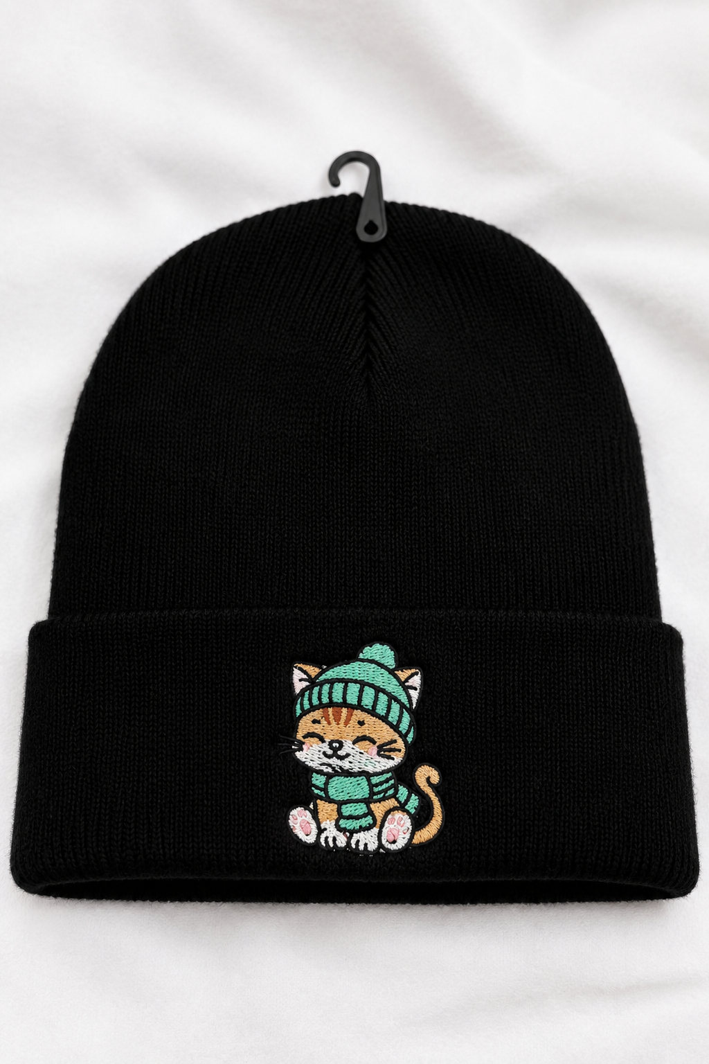 Cute Cat Embroidered Beanie, Black knit winter hat, unisex cuffed beanie