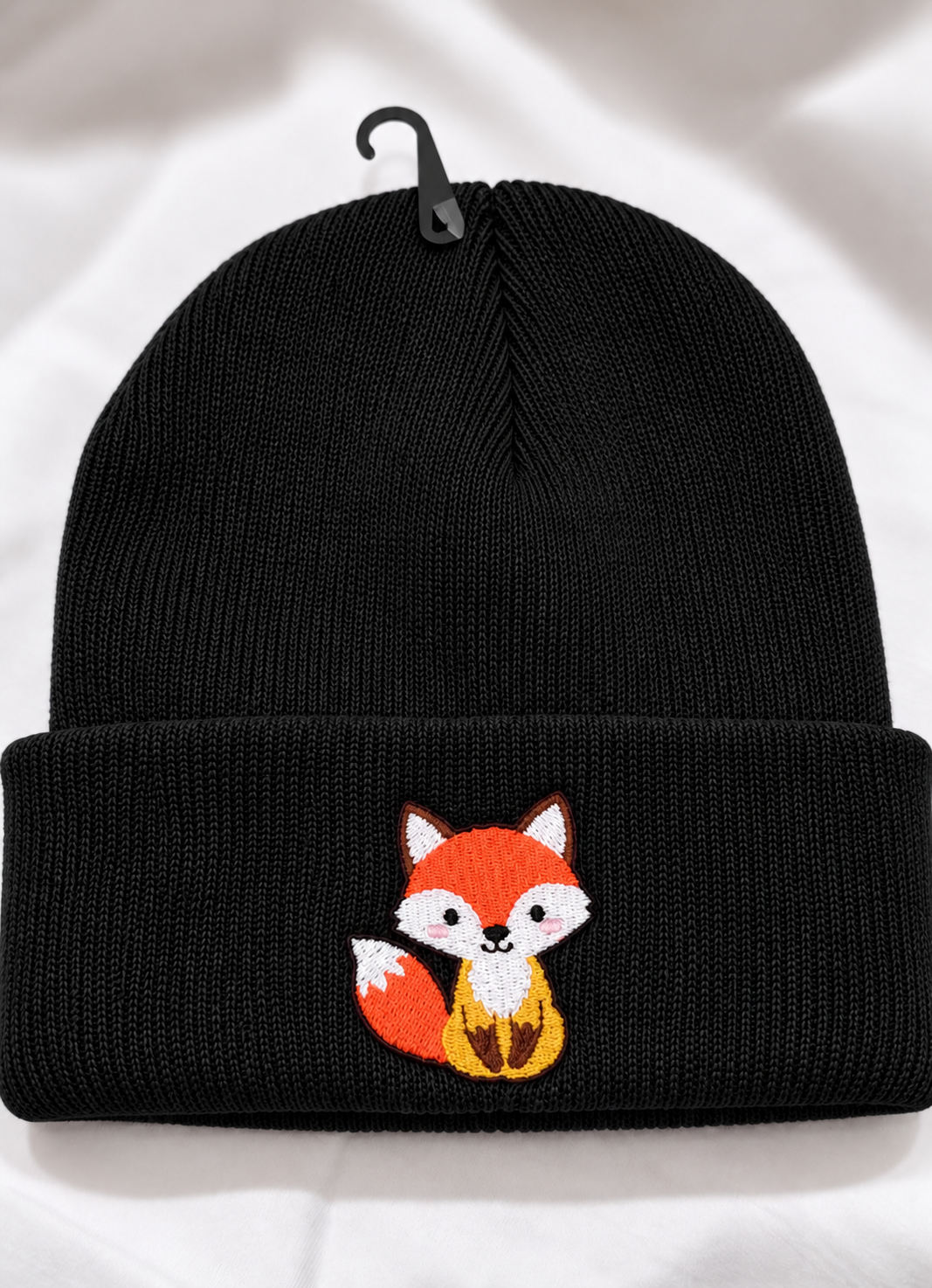Cute Kawaii Fox Embroidered Cuffed Beanie Hat | Chibi Woodland Animal Knit Skull Cap | Unisex Streetwear Winter Beanie