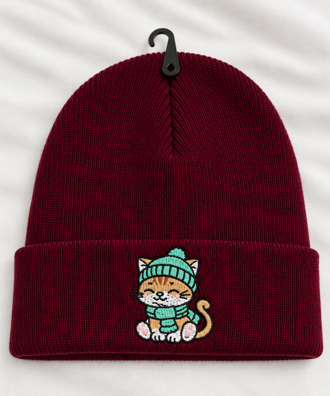 Cute Cat Embroidered Beanie, Black knit winter hat, unisex cuffed beanie