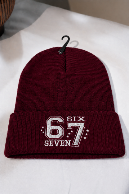 67 Beanie Hat Six Seven Embroidered Cuffed Knit Cap | Funny Gen Alpha Slang Viral Meme Winter Skull Cap Streetwear Unisex