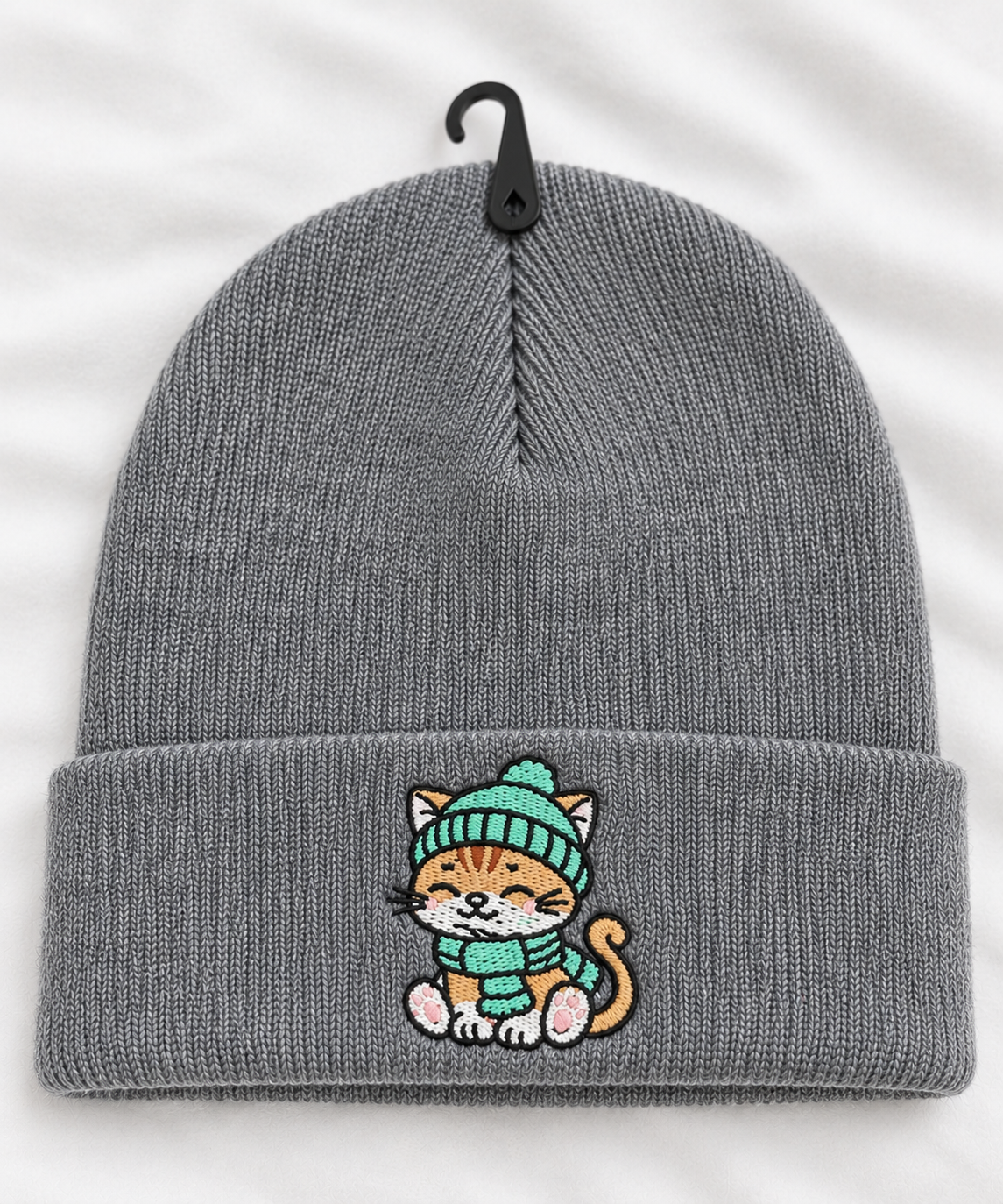 Cute Cat Embroidered Beanie, Black knit winter hat, unisex cuffed beanie