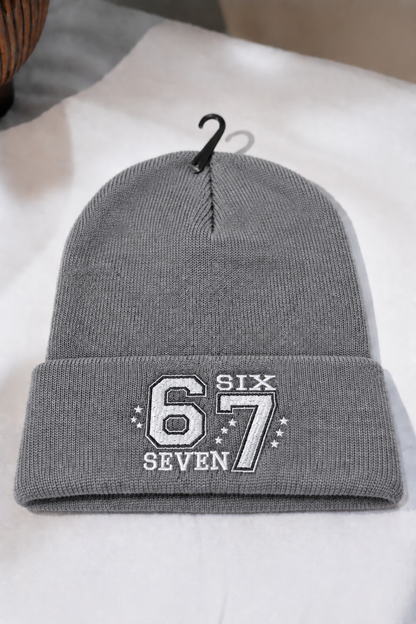 67 Beanie Hat Six Seven Embroidered Cuffed Knit Cap | Funny Gen Alpha Slang Viral Meme Winter Skull Cap Streetwear Unisex