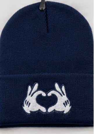 black beanie with heart hands embroidered design