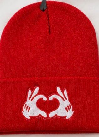 black beanie with heart hands embroidered design