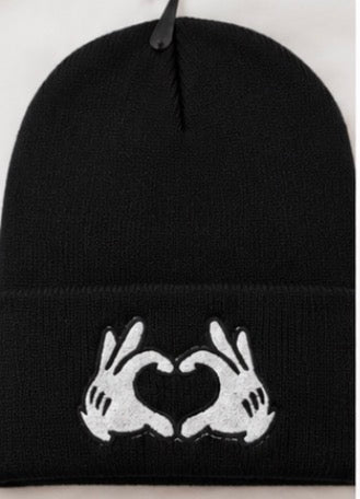 black beanie with heart hands embroidered design