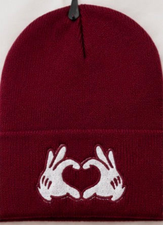 black beanie with heart hands embroidered design