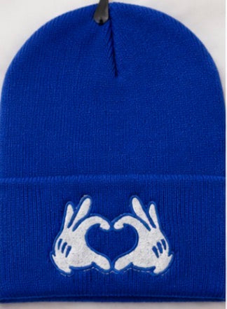 black beanie with heart hands embroidered design