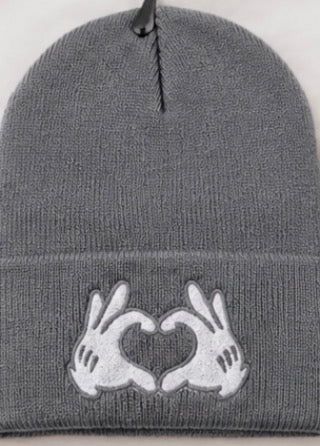 black beanie with heart hands embroidered design