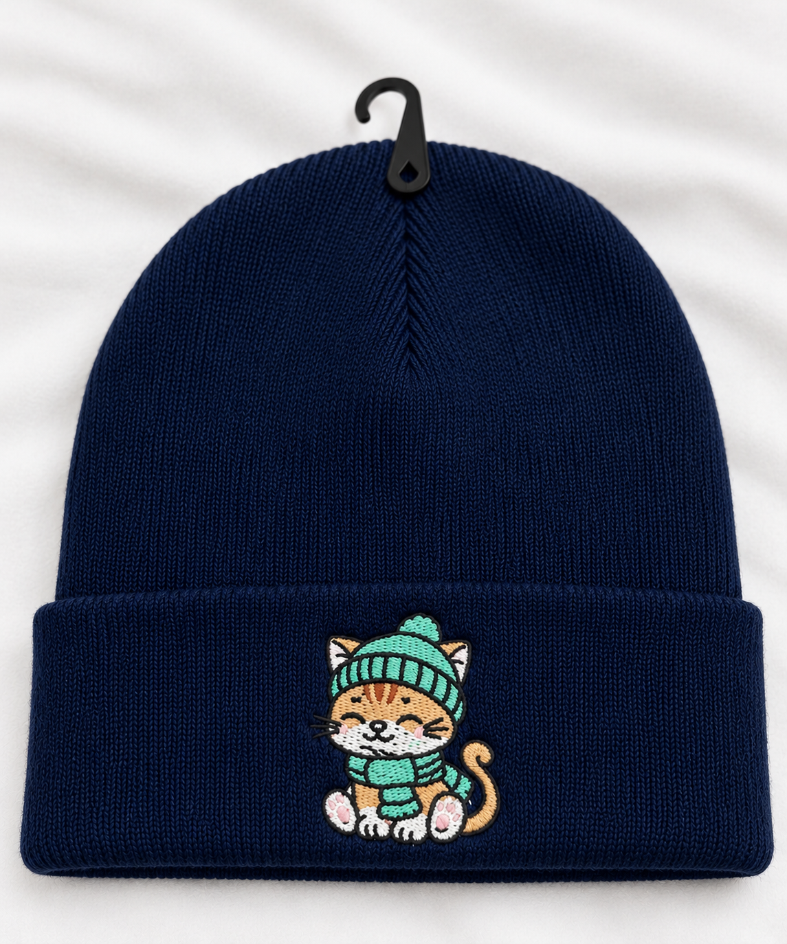 Cute Cat Embroidered Beanie, Black knit winter hat, unisex cuffed beanie
