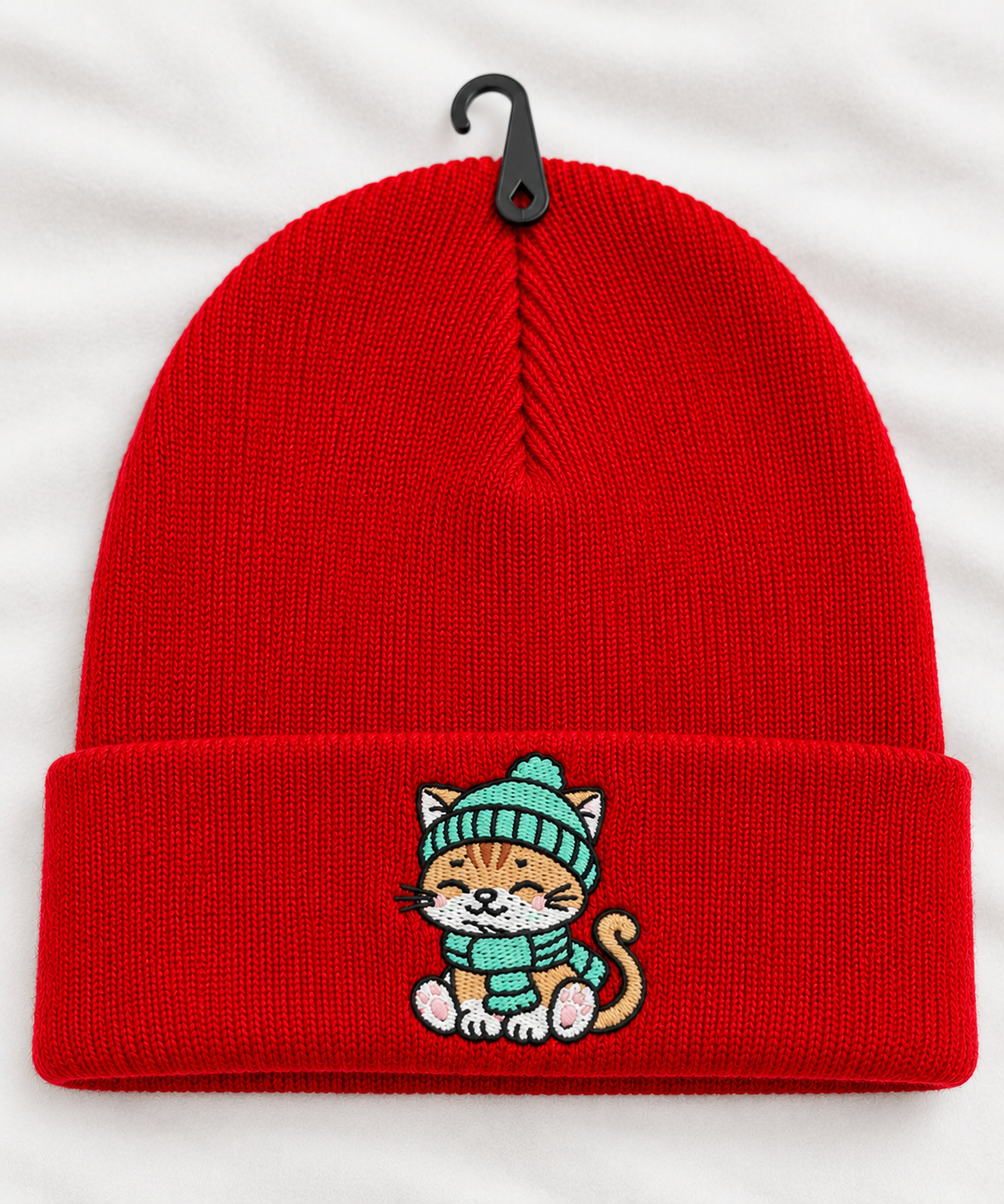 Cute Cat Embroidered Beanie, Black knit winter hat, unisex cuffed beanie