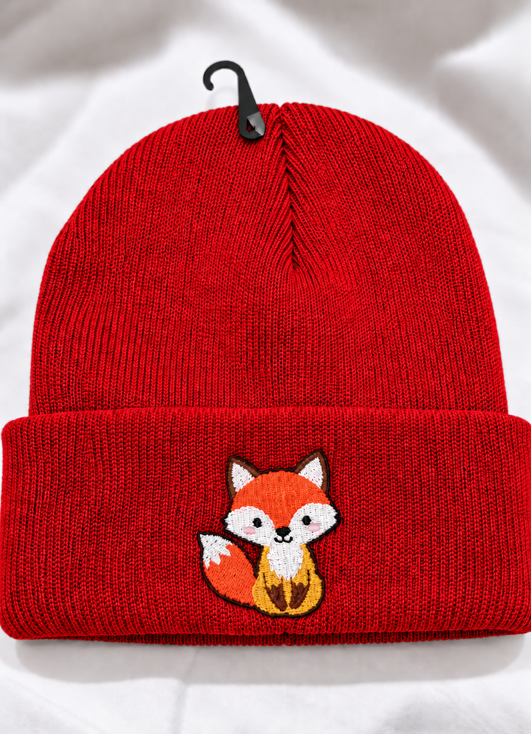 Cute Kawaii Fox Embroidered Cuffed Beanie Hat | Chibi Woodland Animal Knit Skull Cap | Unisex Streetwear Winter Beanie