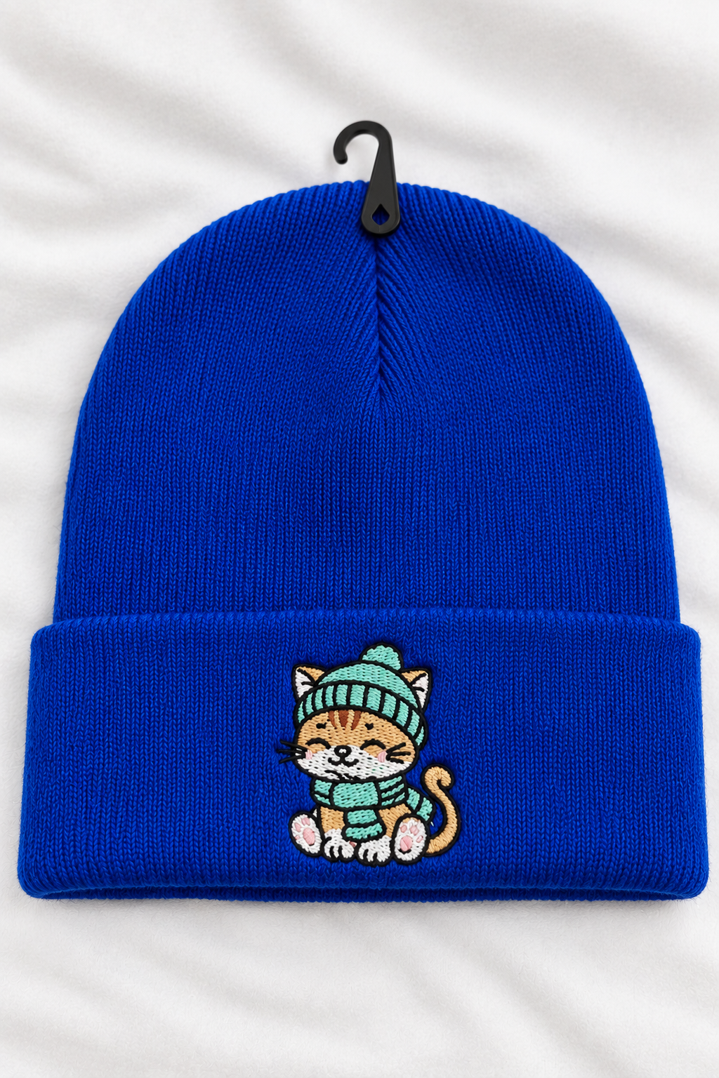 Cute Cat Embroidered Beanie, Black knit winter hat, unisex cuffed beanie