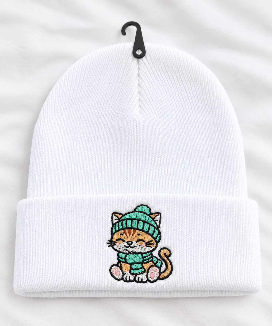 Cute Cat Embroidered Beanie, Black knit winter hat, unisex cuffed beanie